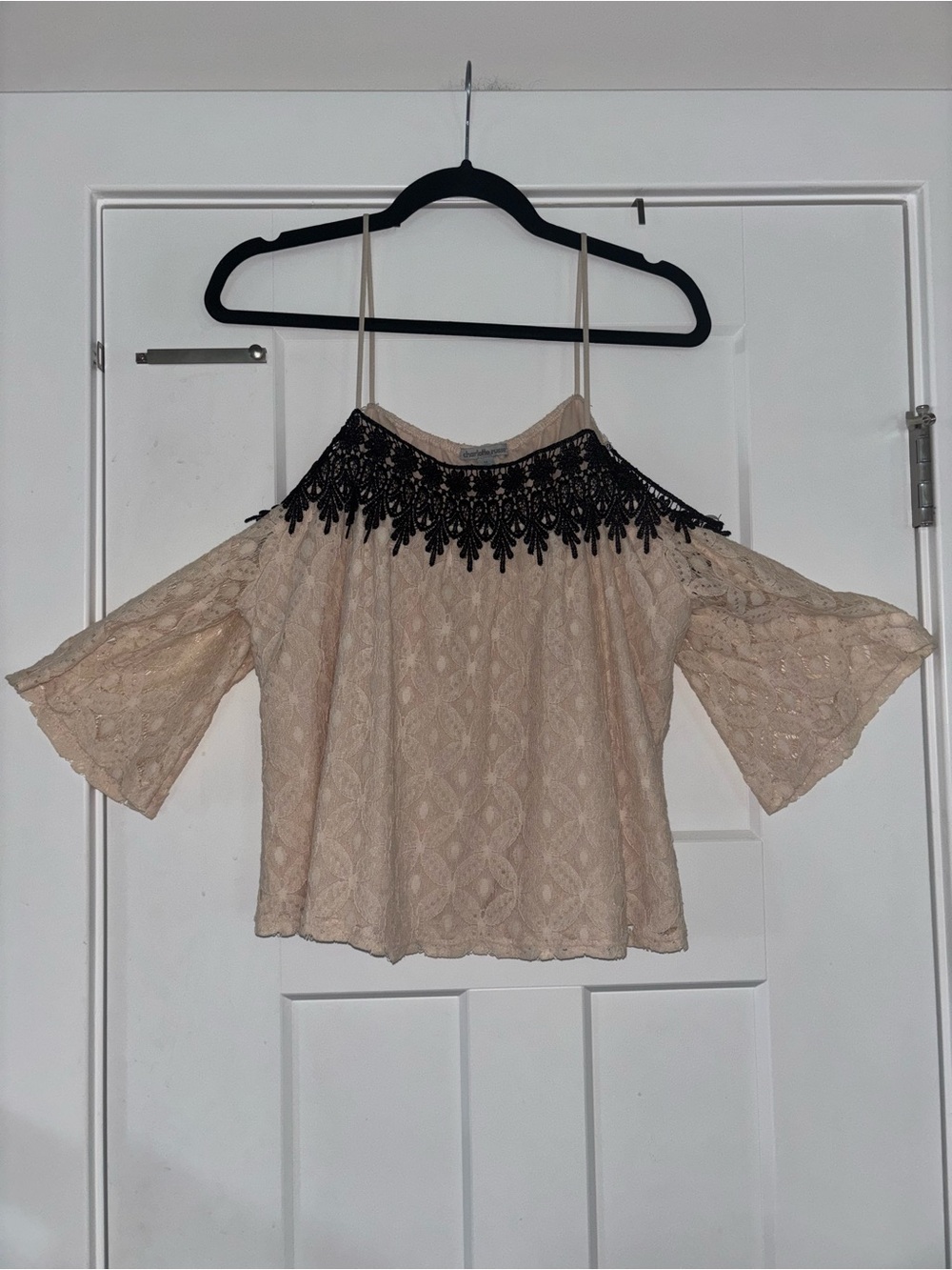 Charlotte Russe Cream Lace Cold-Shoulder Top with Black Crochet Yoke